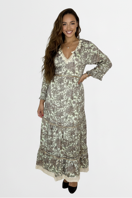 Floral Print Tie Waist Layered Modest Satin Long Dress-SinglePrice