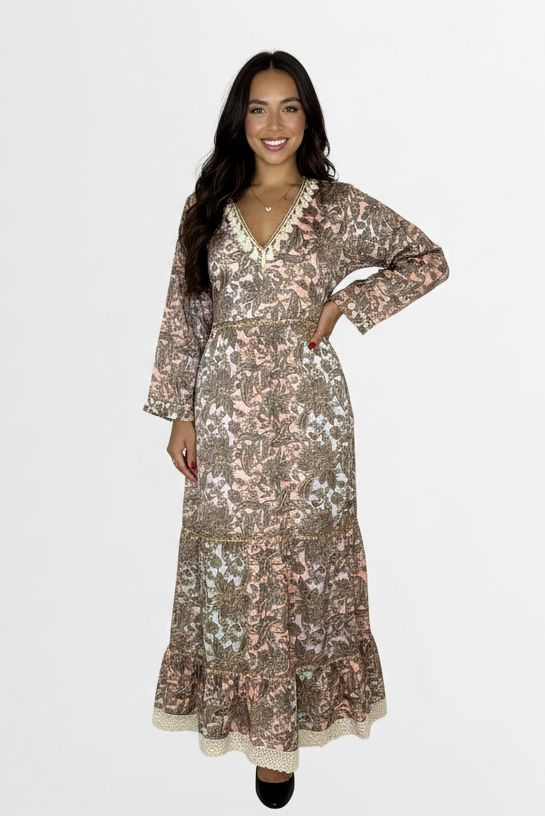 Floral Print Tie Waist Layered Modest Satin Long Dress-SinglePrice