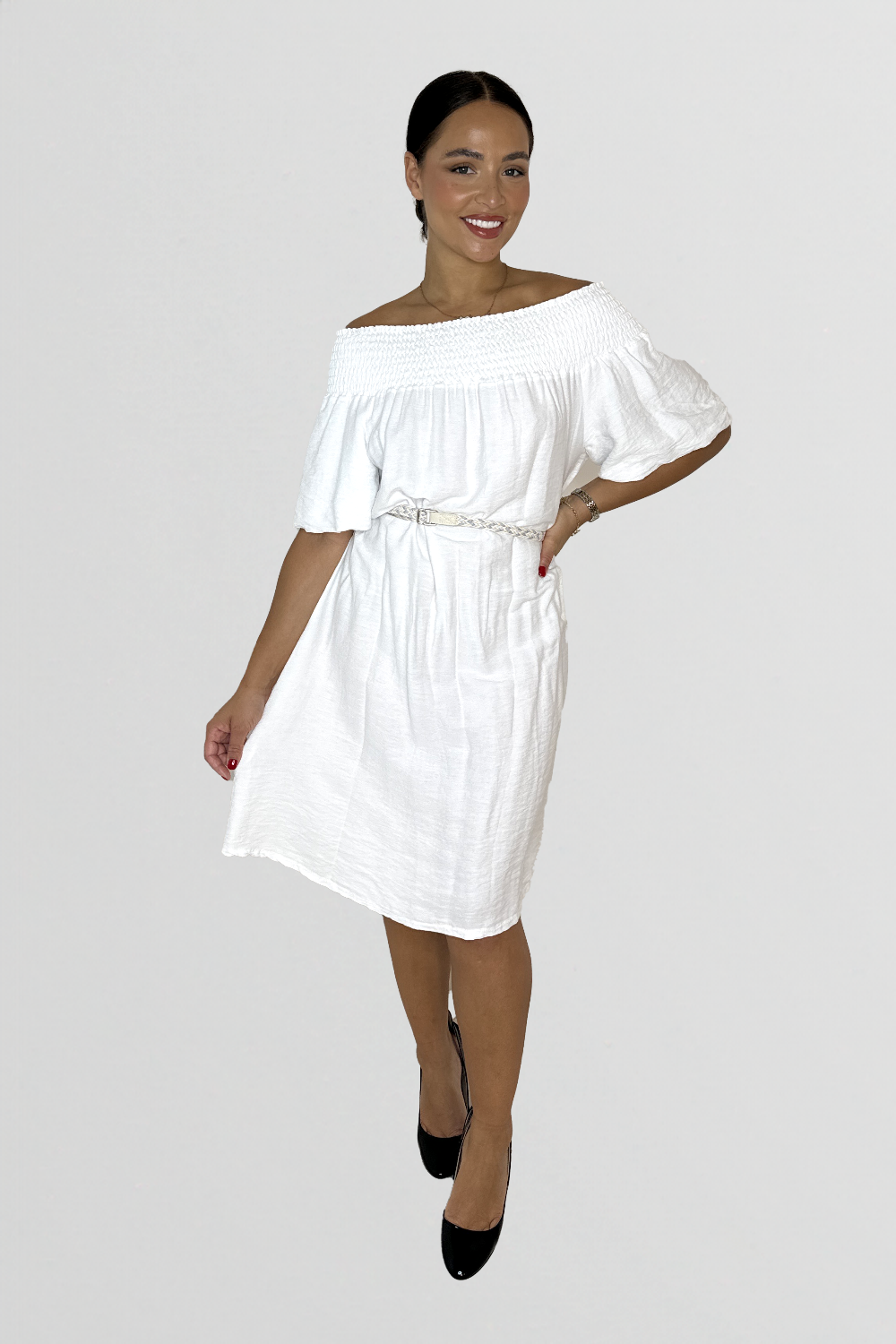 Off The Shoulder Belted Straight Cut Viscose Summer Dress-SinglePrice