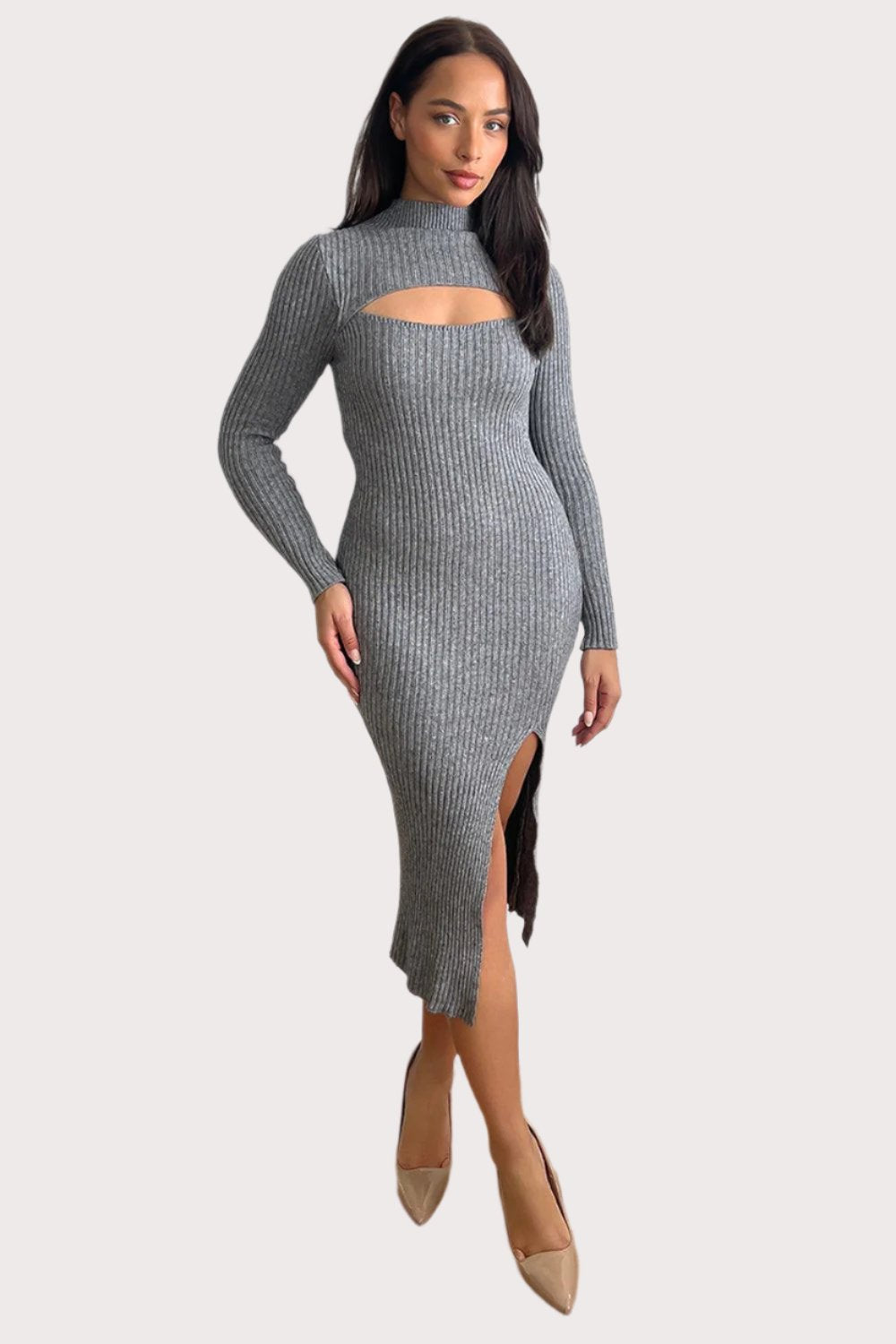 Cut Out Detail High Neck Knitted Midi Dress-SinglePrice
