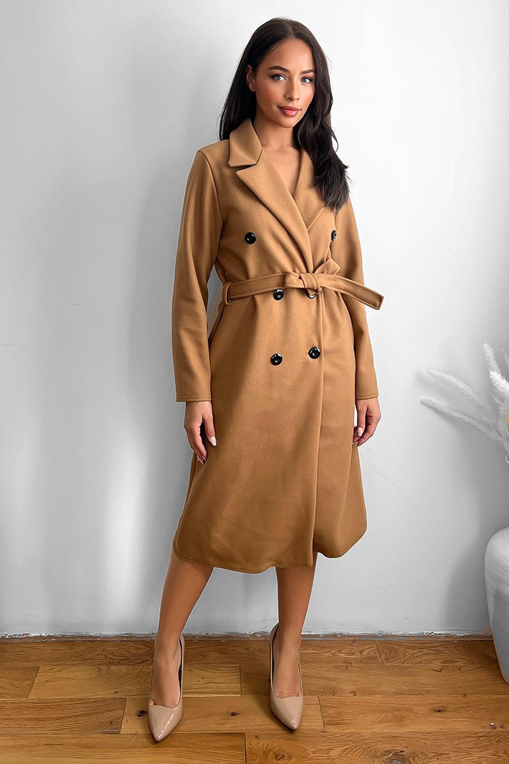 Classic Double Breasted Self Tie Midi Coat-SinglePrice