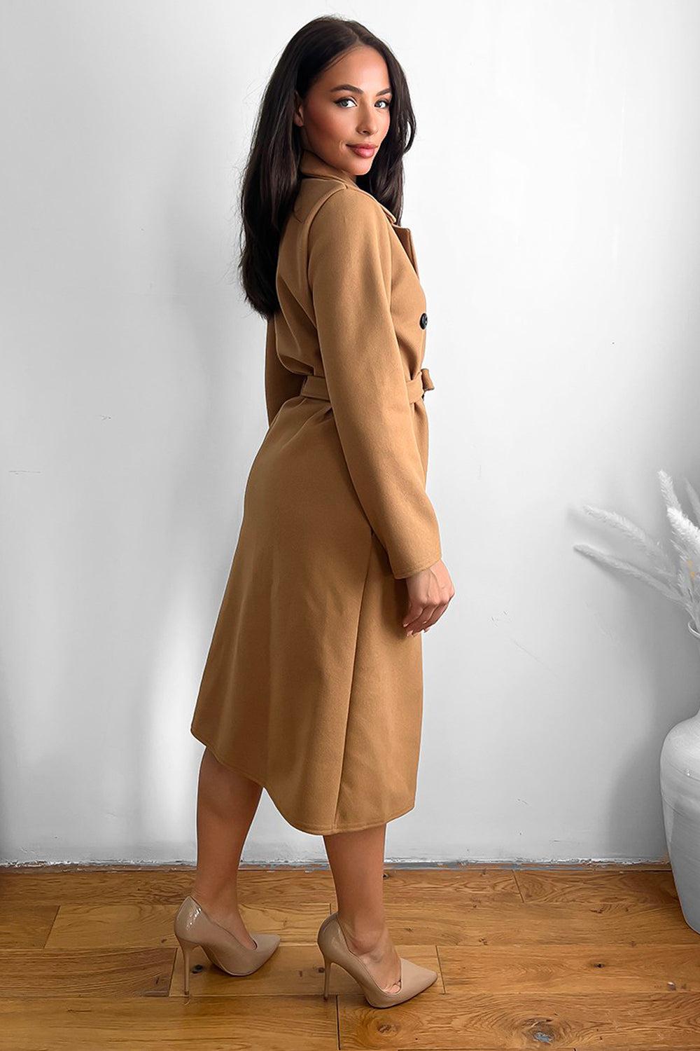 Classic Double Breasted Self Tie Midi Coat-SinglePrice