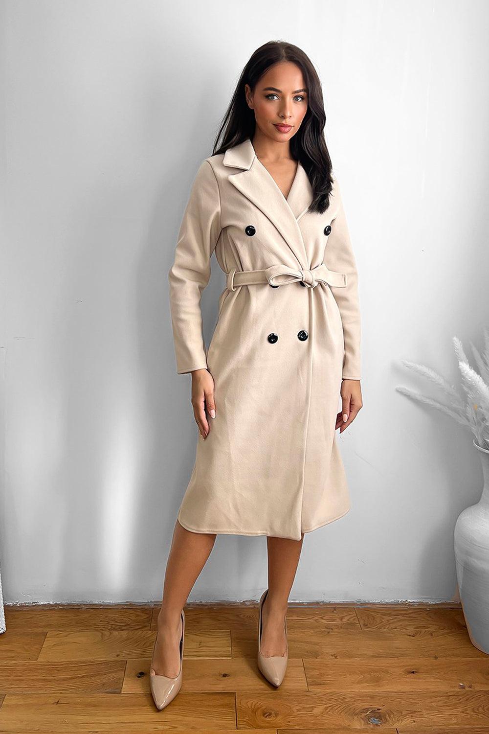 Classic Double Breasted Self Tie Midi Coat-SinglePrice