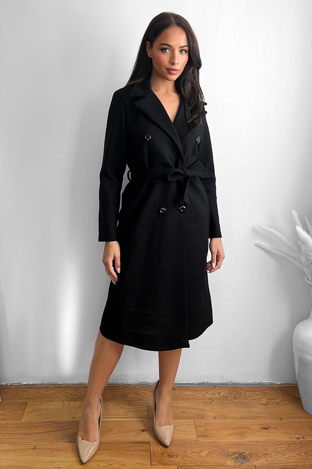 Classic Double Breasted Self Tie Midi Coat-SinglePrice