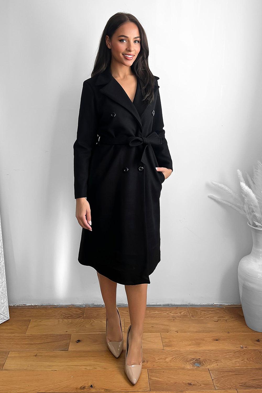 Classic Double Breasted Self Tie Midi Coat-SinglePrice