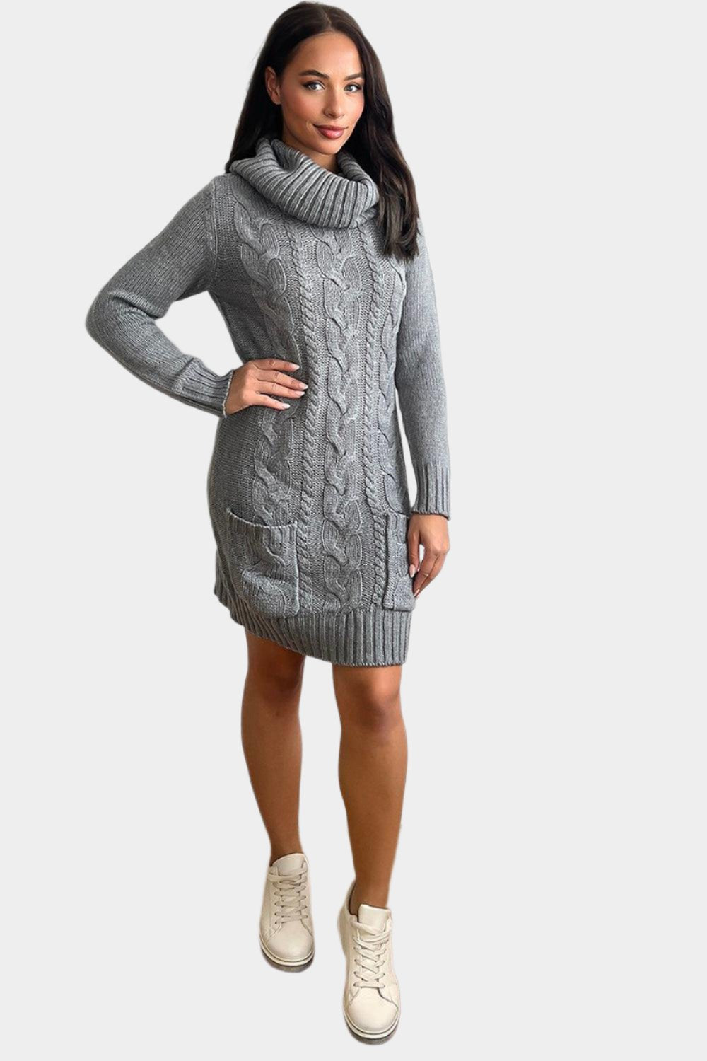 Cowl Neck Pocketed Knitted Dress-SinglePrice