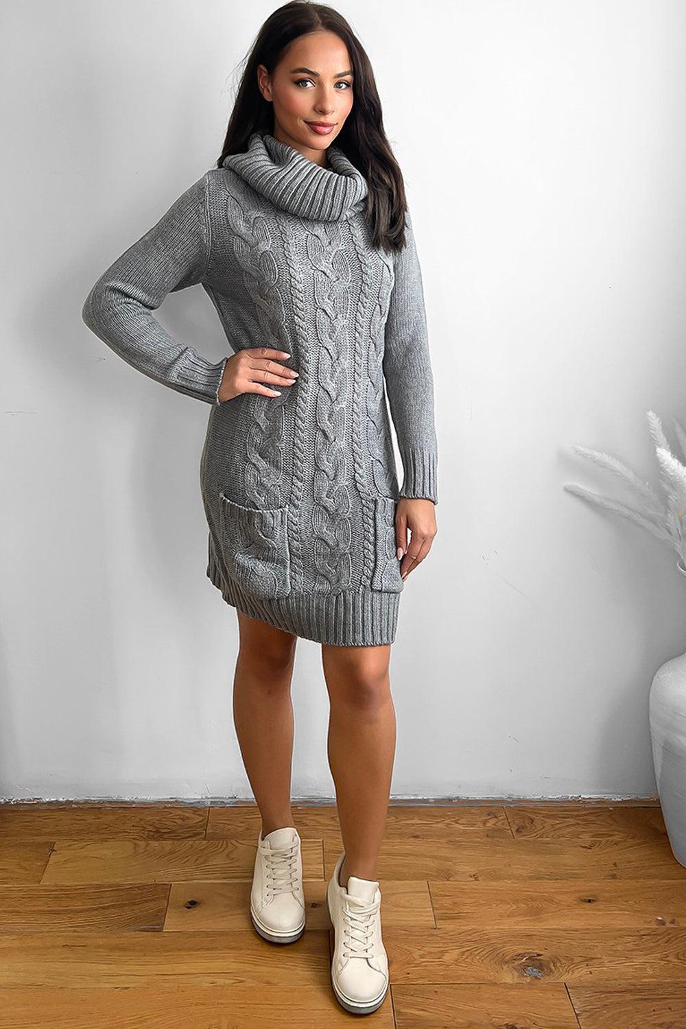 Cowl Neck Pocketed Knitted Dress-SinglePrice