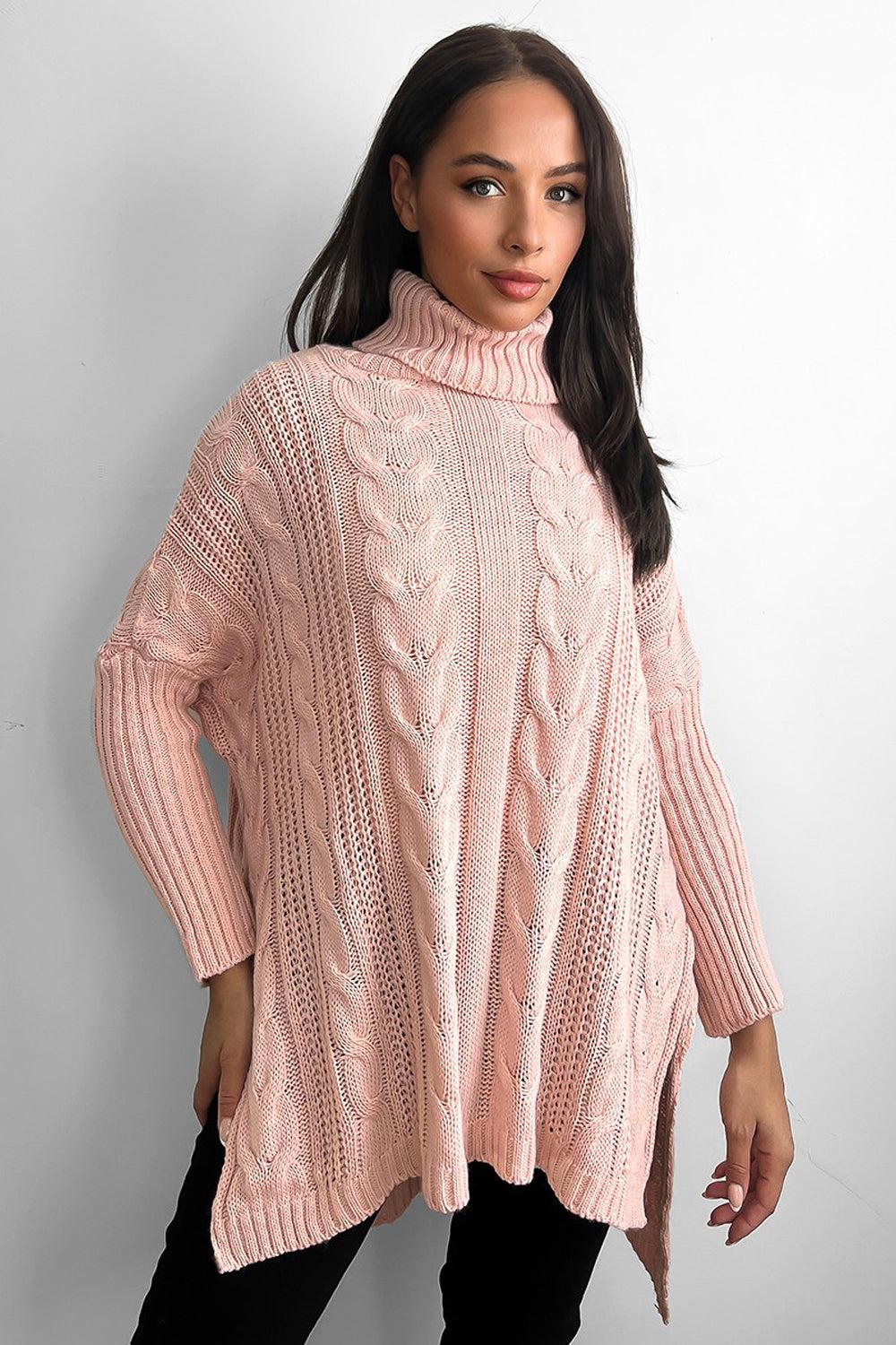 High Rolled Neck Braided Details Hi Low Pullover-SinglePrice
