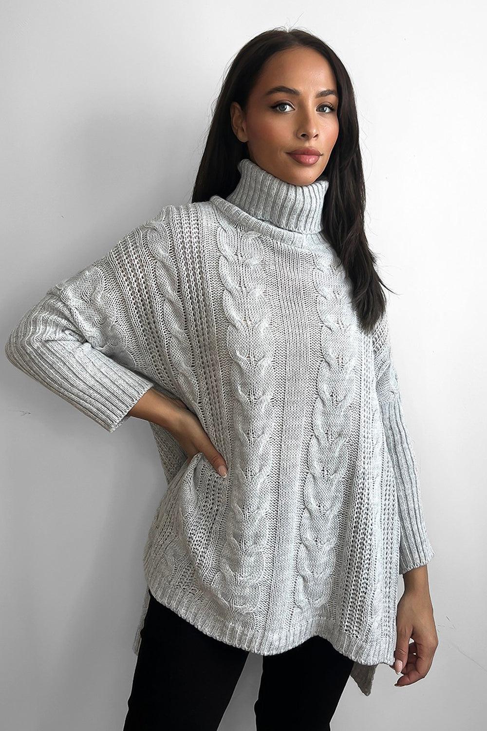 High Rolled Neck Braided Details Hi Low Pullover-SinglePrice