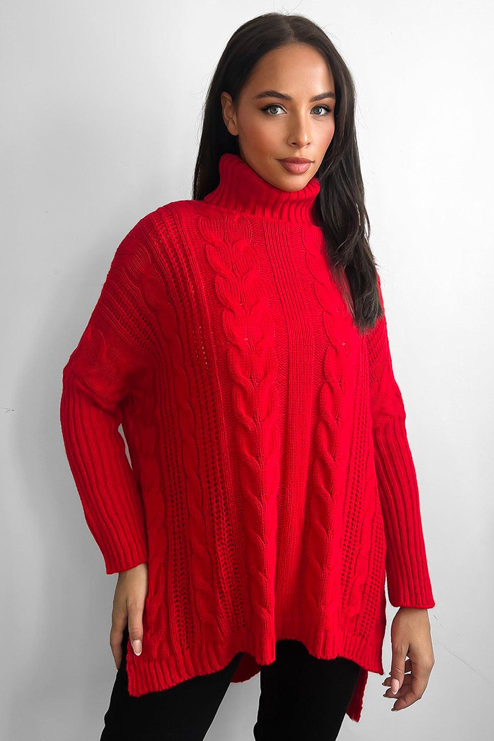 High Rolled Neck Braided Details Hi Low Pullover-SinglePrice
