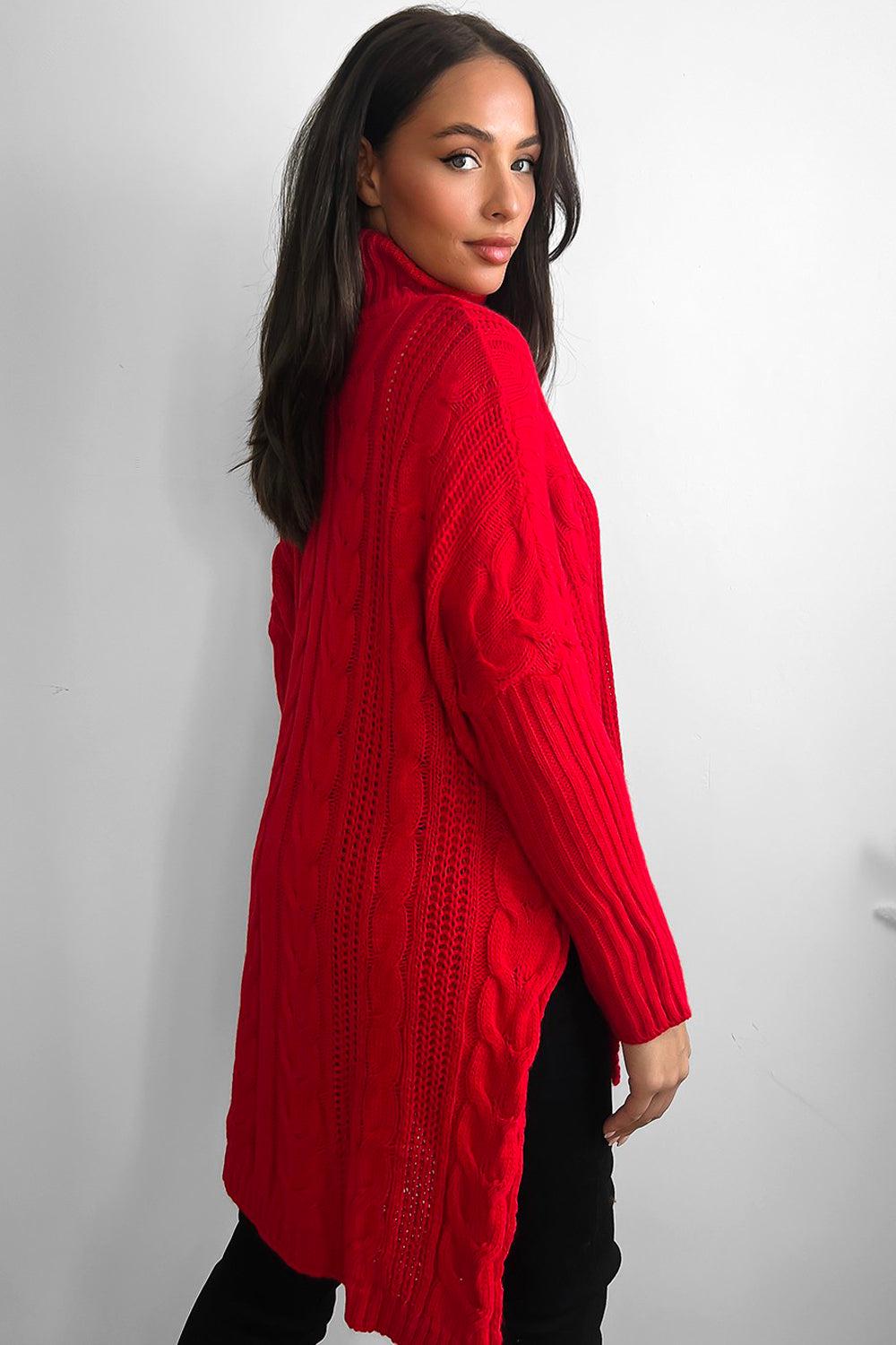 High Rolled Neck Braided Details Hi Low Pullover-SinglePrice
