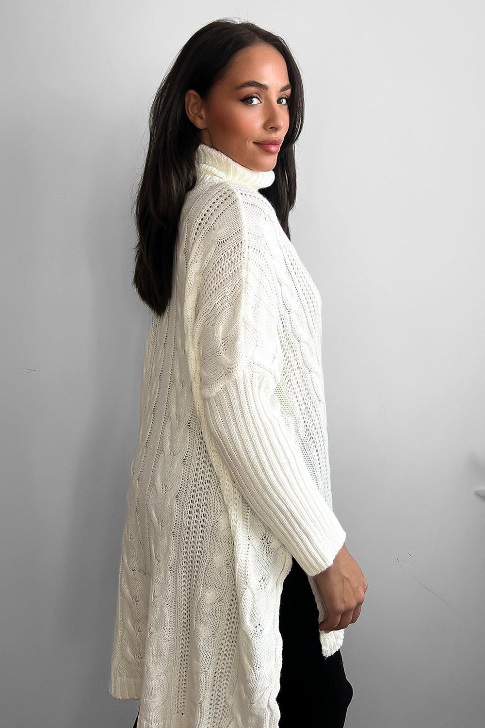 High Rolled Neck Braided Details Hi Low Pullover-SinglePrice