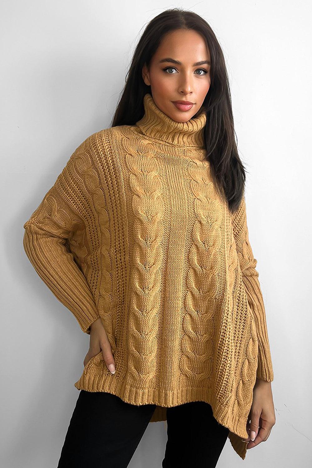 High Rolled Neck Braided Details Hi Low Pullover-SinglePrice
