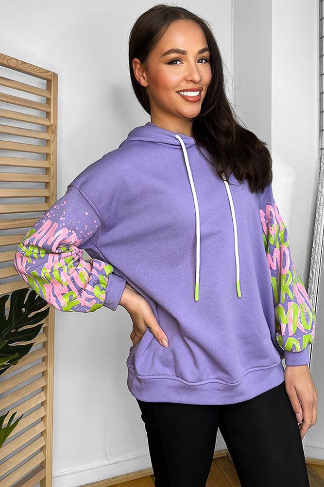 Cotton Blend Multi-slogan Sleeves Colourful Hoodie-SinglePrice