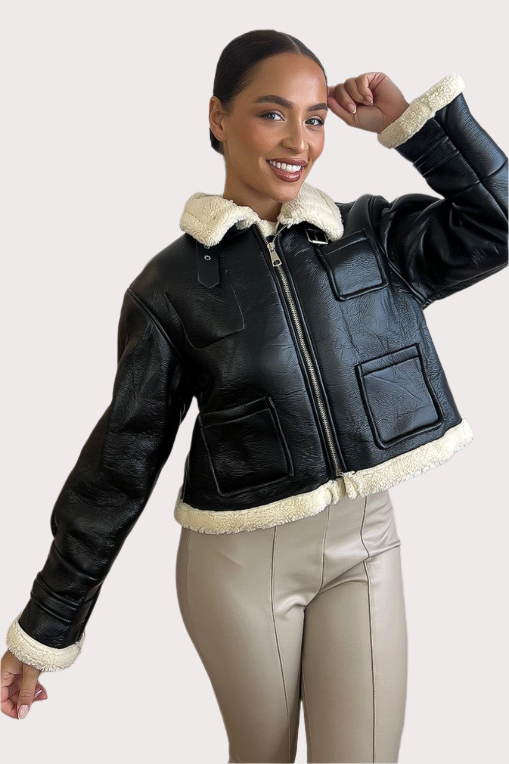 Faux Shearling Leather Aviator Jacket-SinglePrice