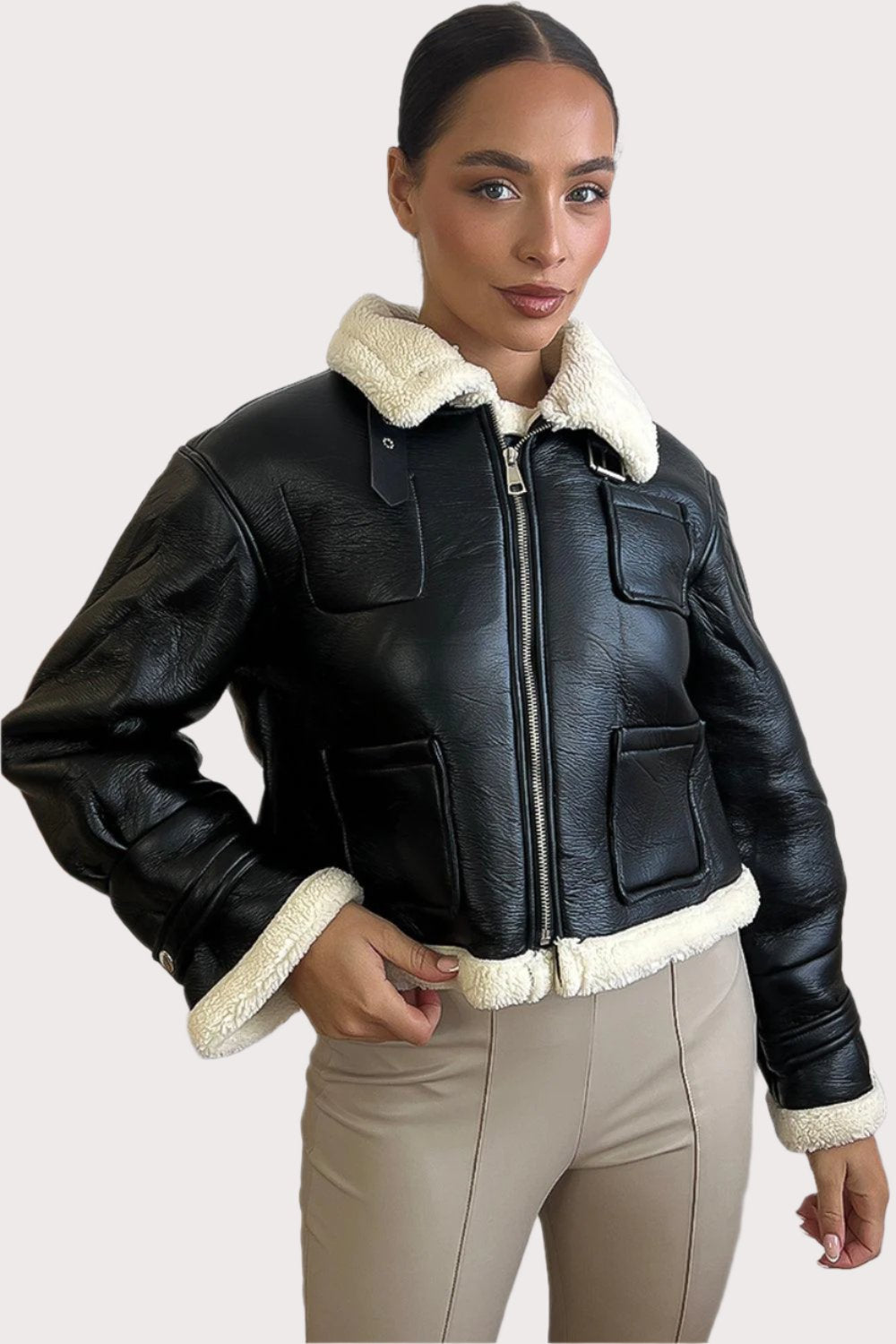 Faux Shearling Leather Aviator Jacket-SinglePrice