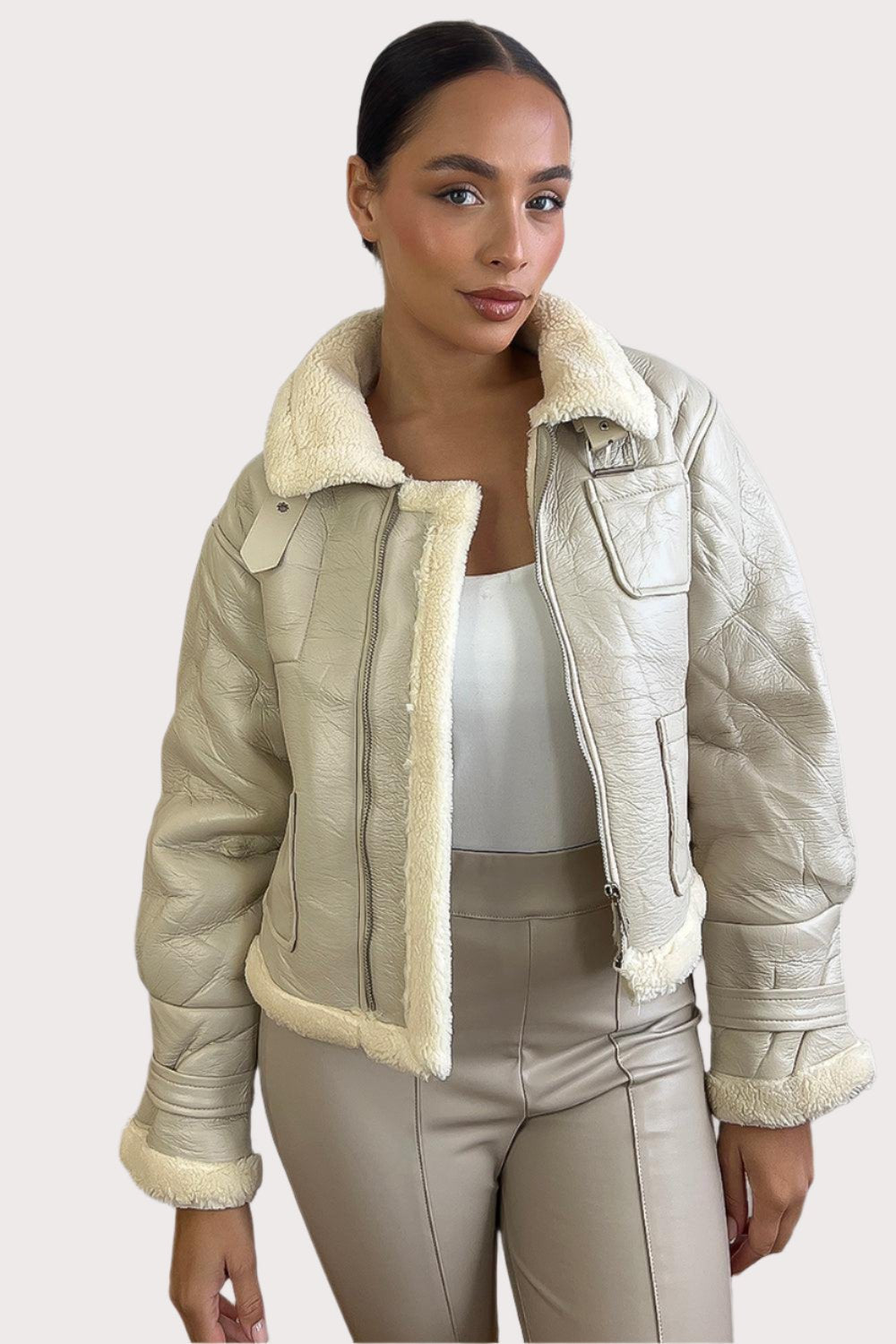 Faux Shearling Leather Aviator Jacket-SinglePrice