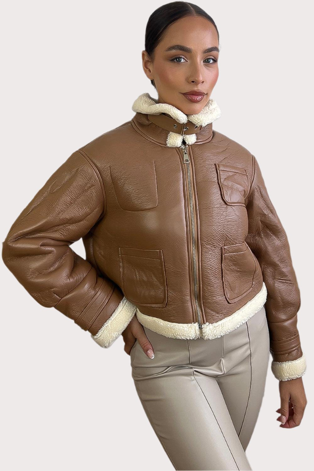 Faux Shearling Leather Aviator Jacket-SinglePrice