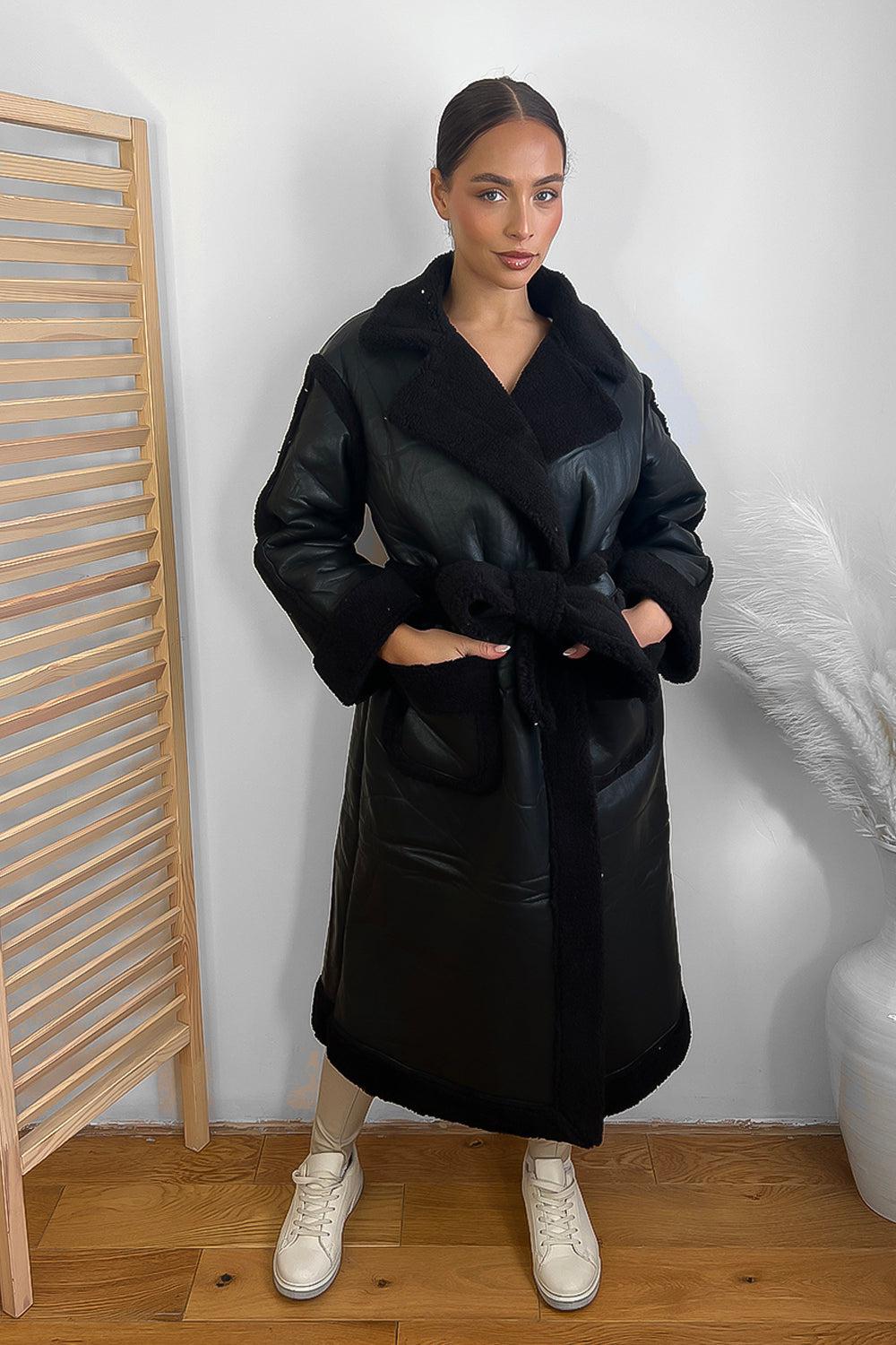 Vegan Shearling Leather Midi Winter Coat-SinglePrice