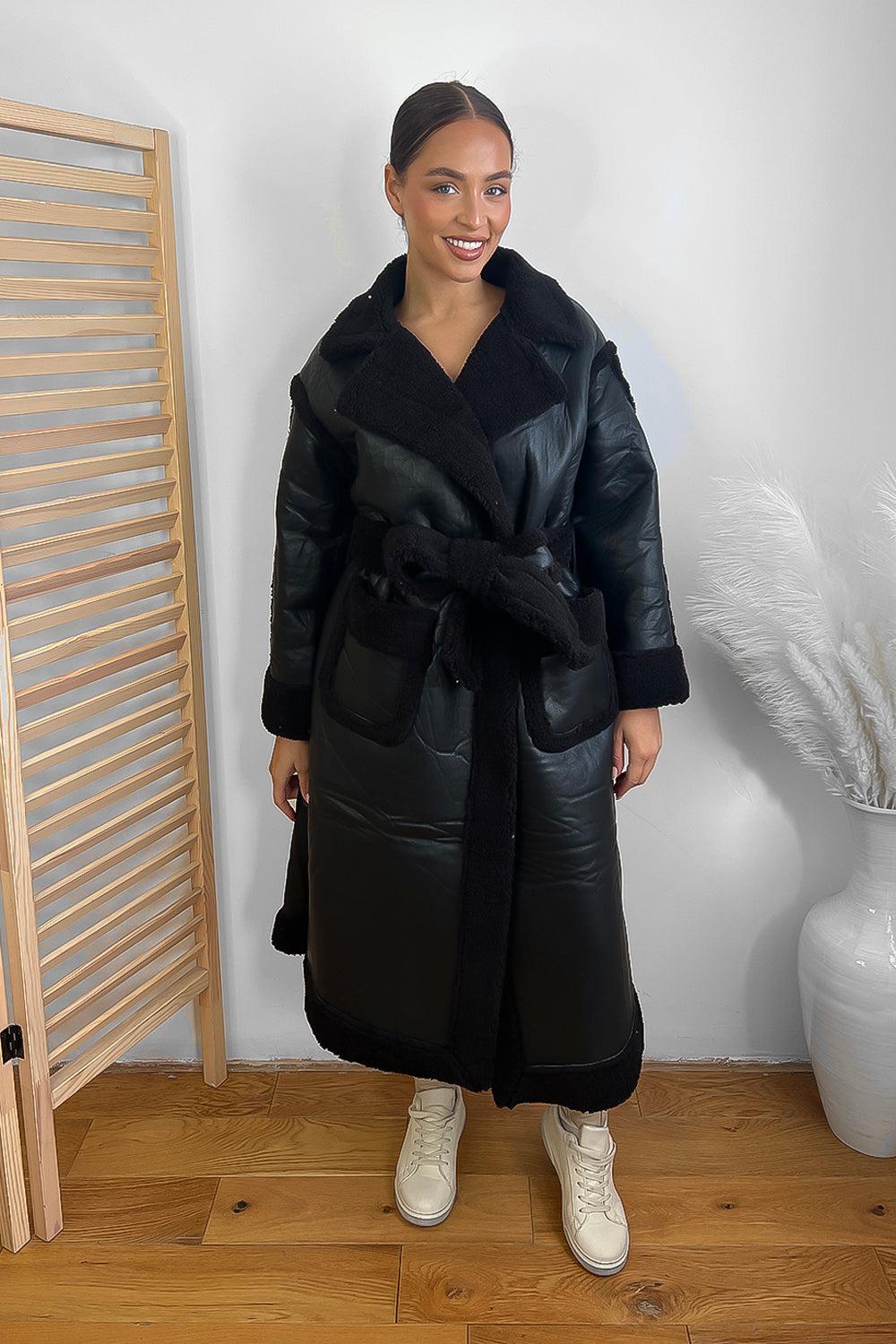 Vegan Shearling Leather Midi Winter Coat-SinglePrice