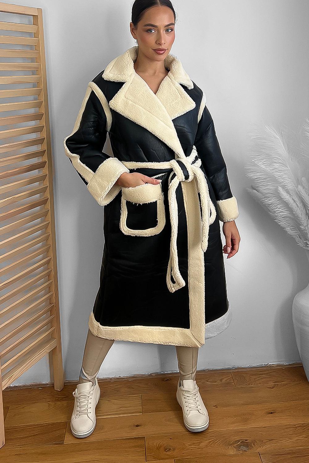Vegan Shearling Leather Midi Winter Coat-SinglePrice