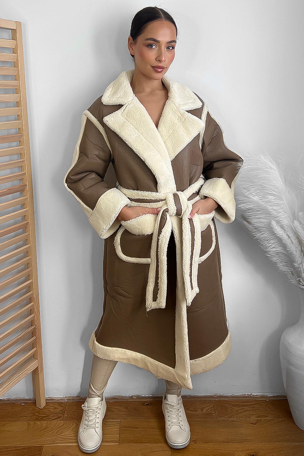 Vegan Shearling Leather Midi Winter Coat-SinglePrice