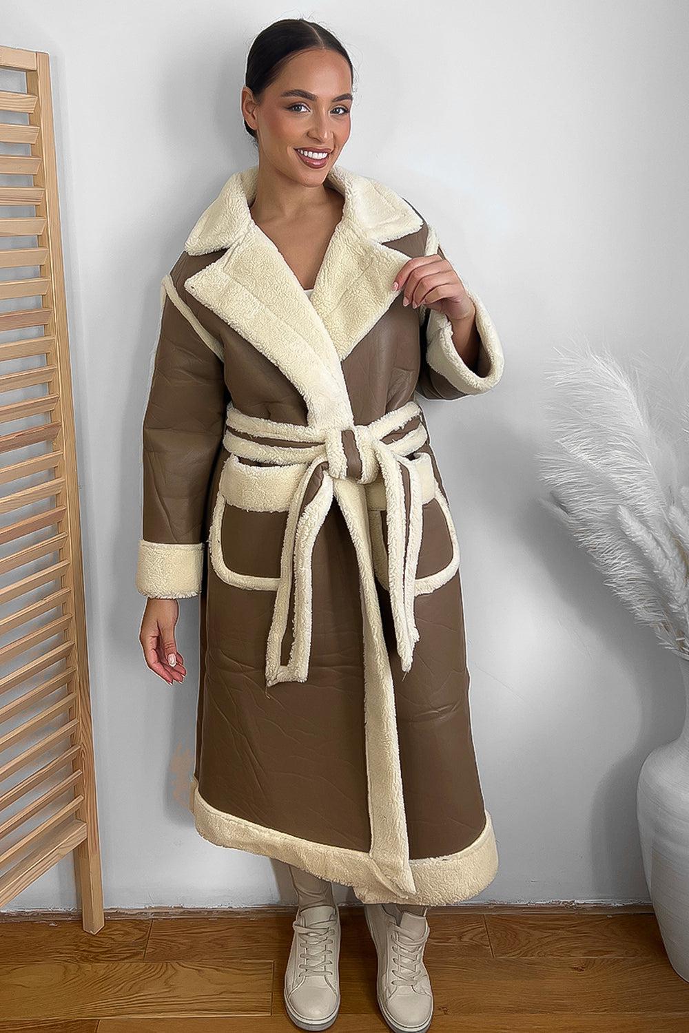 Vegan Shearling Leather Midi Winter Coat-SinglePrice