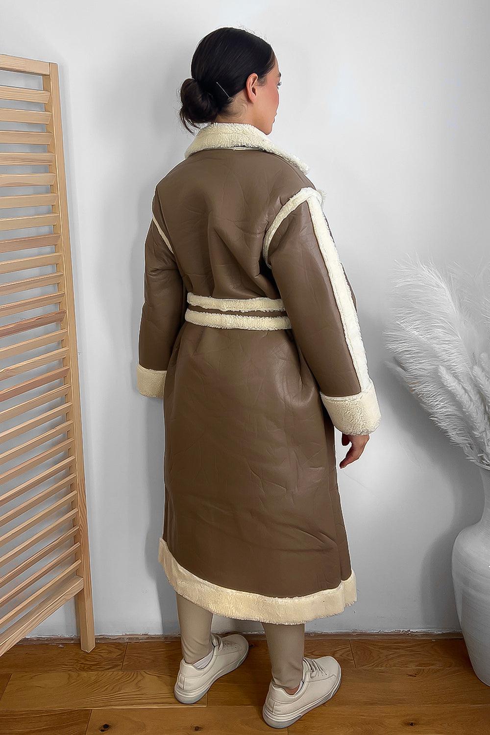 Vegan Shearling Leather Midi Winter Coat-SinglePrice