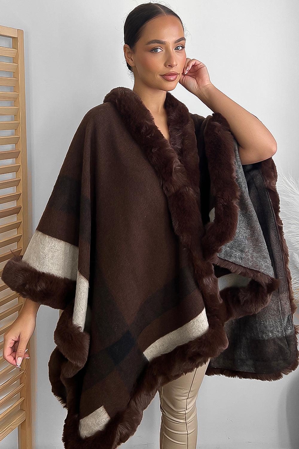Vegan Fur Trim Checked Pattern Throwover Shawl-SinglePrice