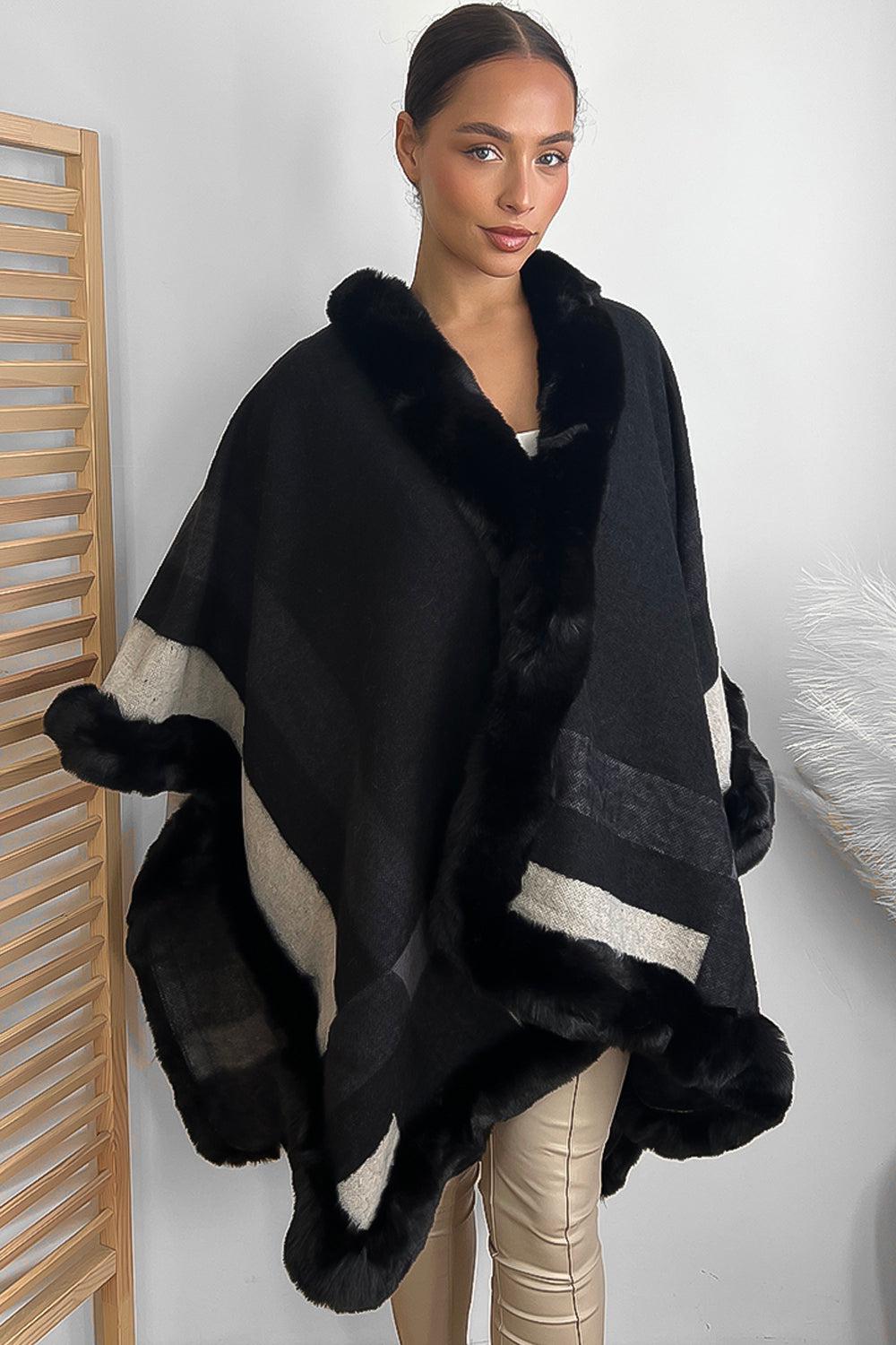 Vegan Fur Trim Checked Pattern Throwover Shawl-SinglePrice