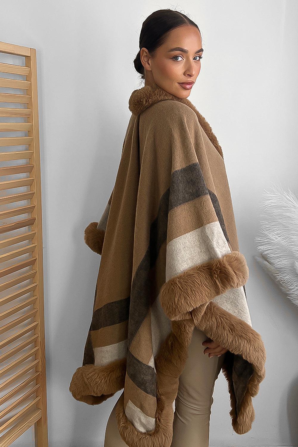 Vegan Fur Trim Checked Pattern Throwover Shawl-SinglePrice
