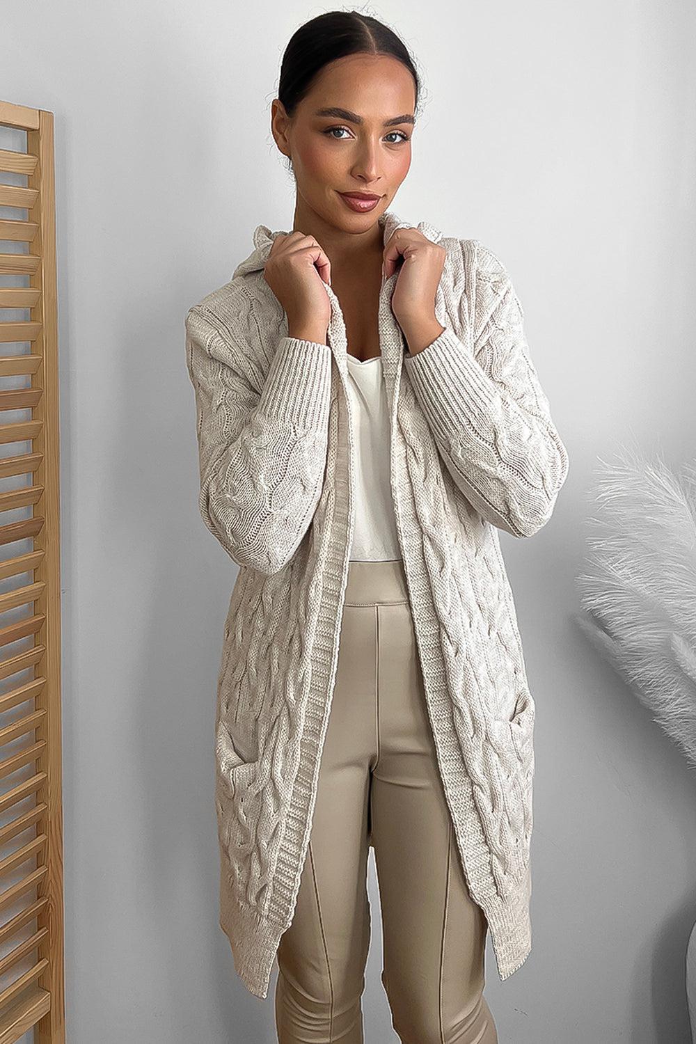 Medium Braid Knit Hooded Midi Cardigan-SinglePrice