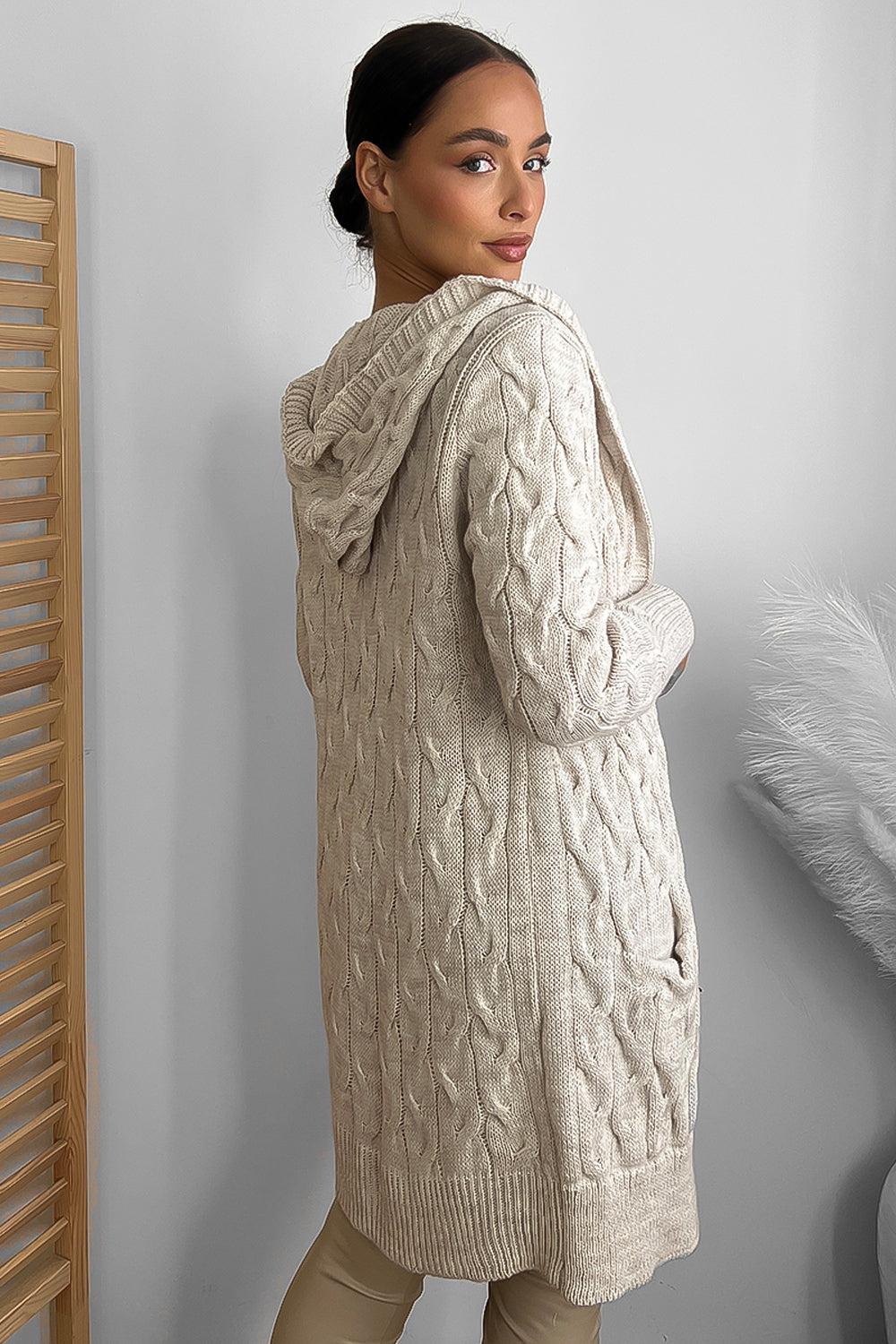 Medium Braid Knit Hooded Midi Cardigan-SinglePrice