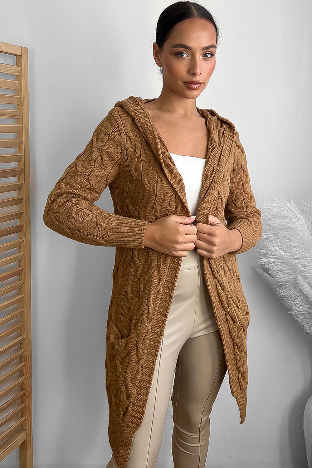 Medium Braid Knit Hooded Midi Cardigan-SinglePrice