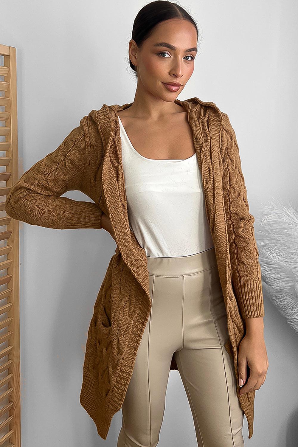 Medium Braid Knit Hooded Midi Cardigan-SinglePrice