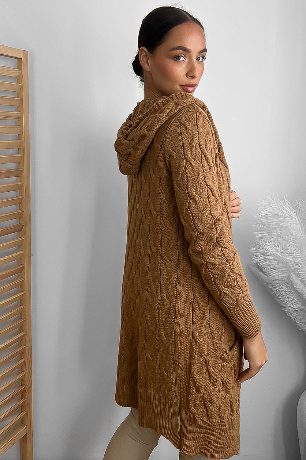 Medium Braid Knit Hooded Midi Cardigan-SinglePrice