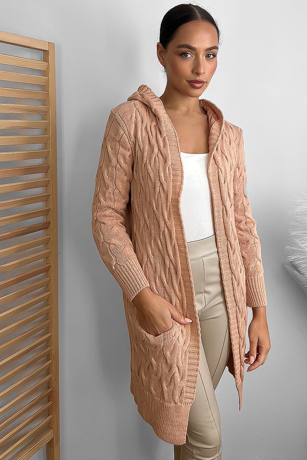 Medium Braid Knit Hooded Midi Cardigan-SinglePrice