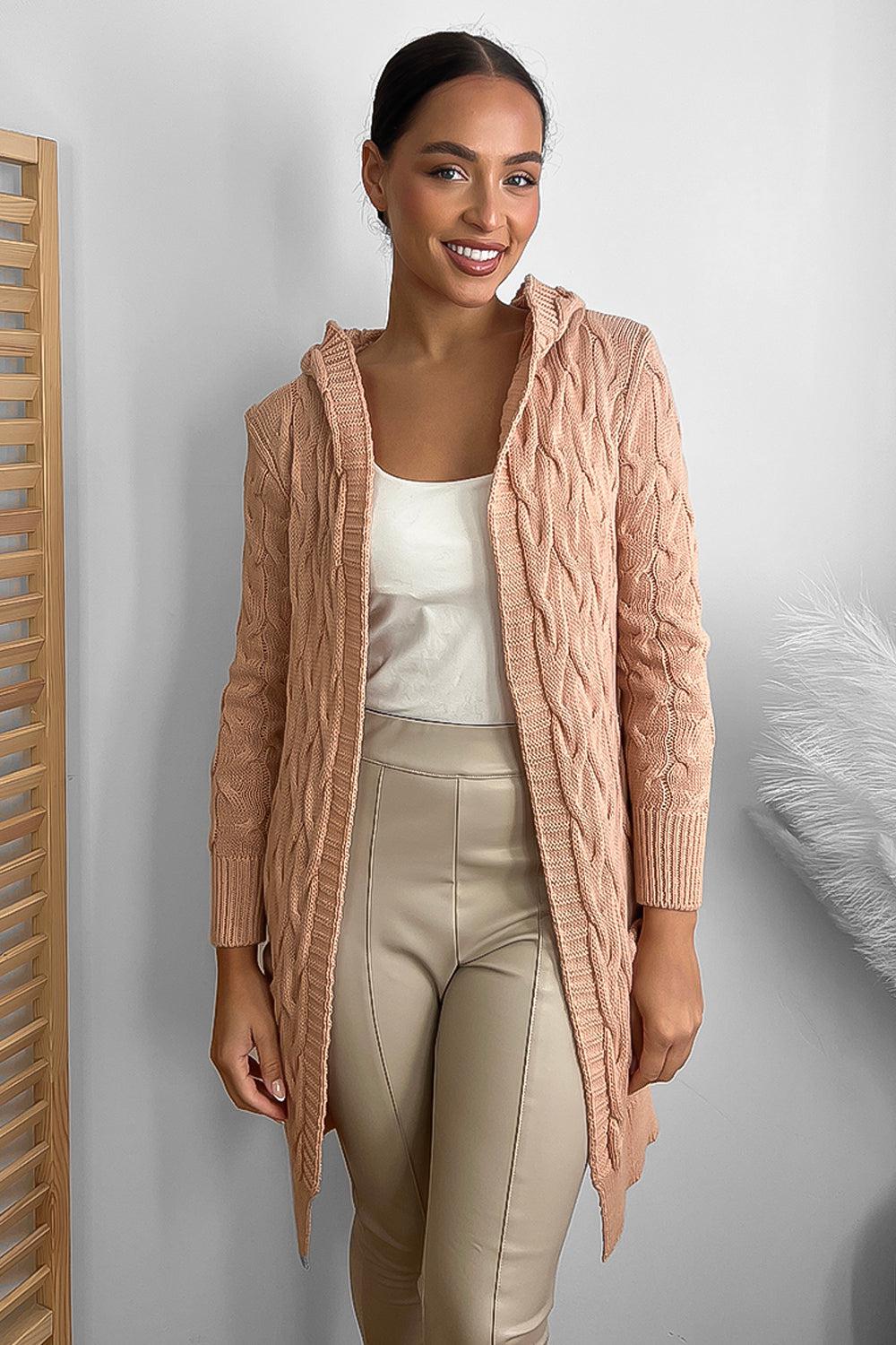 Medium Braid Knit Hooded Midi Cardigan-SinglePrice