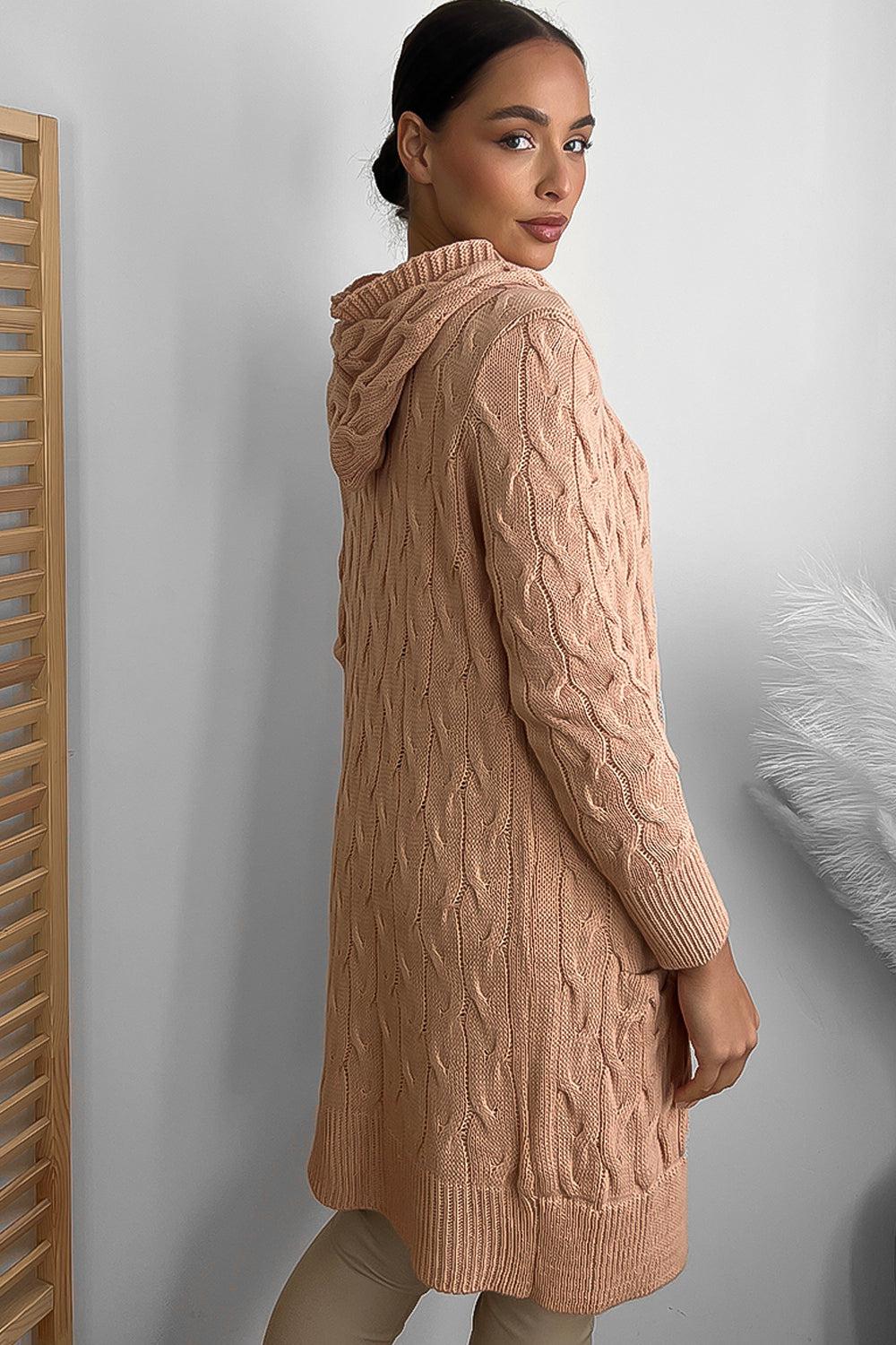 Medium Braid Knit Hooded Midi Cardigan-SinglePrice