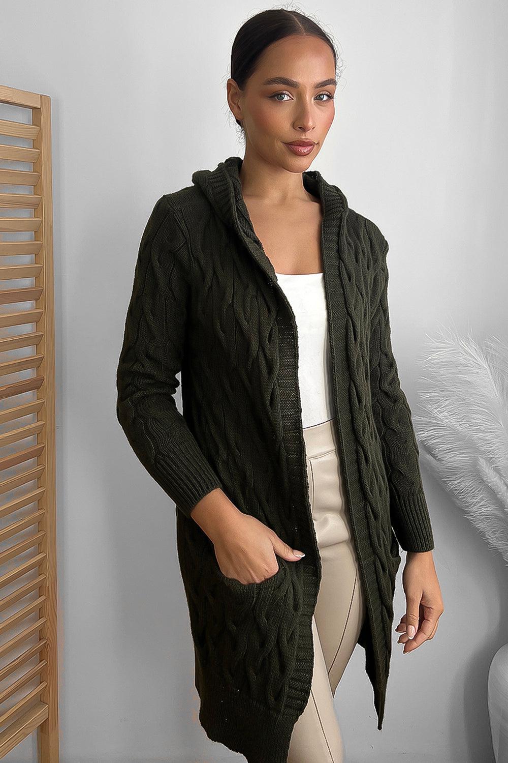 Medium Braid Knit Hooded Midi Cardigan-SinglePrice