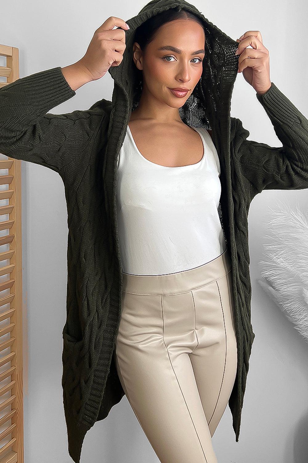 Medium Braid Knit Hooded Midi Cardigan-SinglePrice