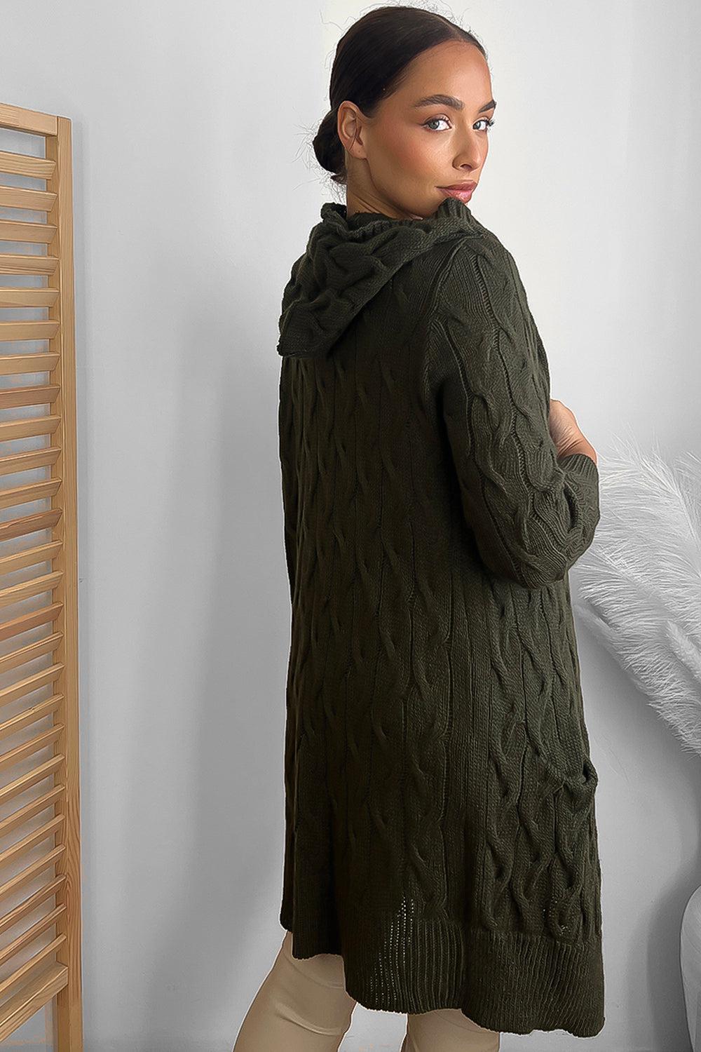 Medium Braid Knit Hooded Midi Cardigan-SinglePrice