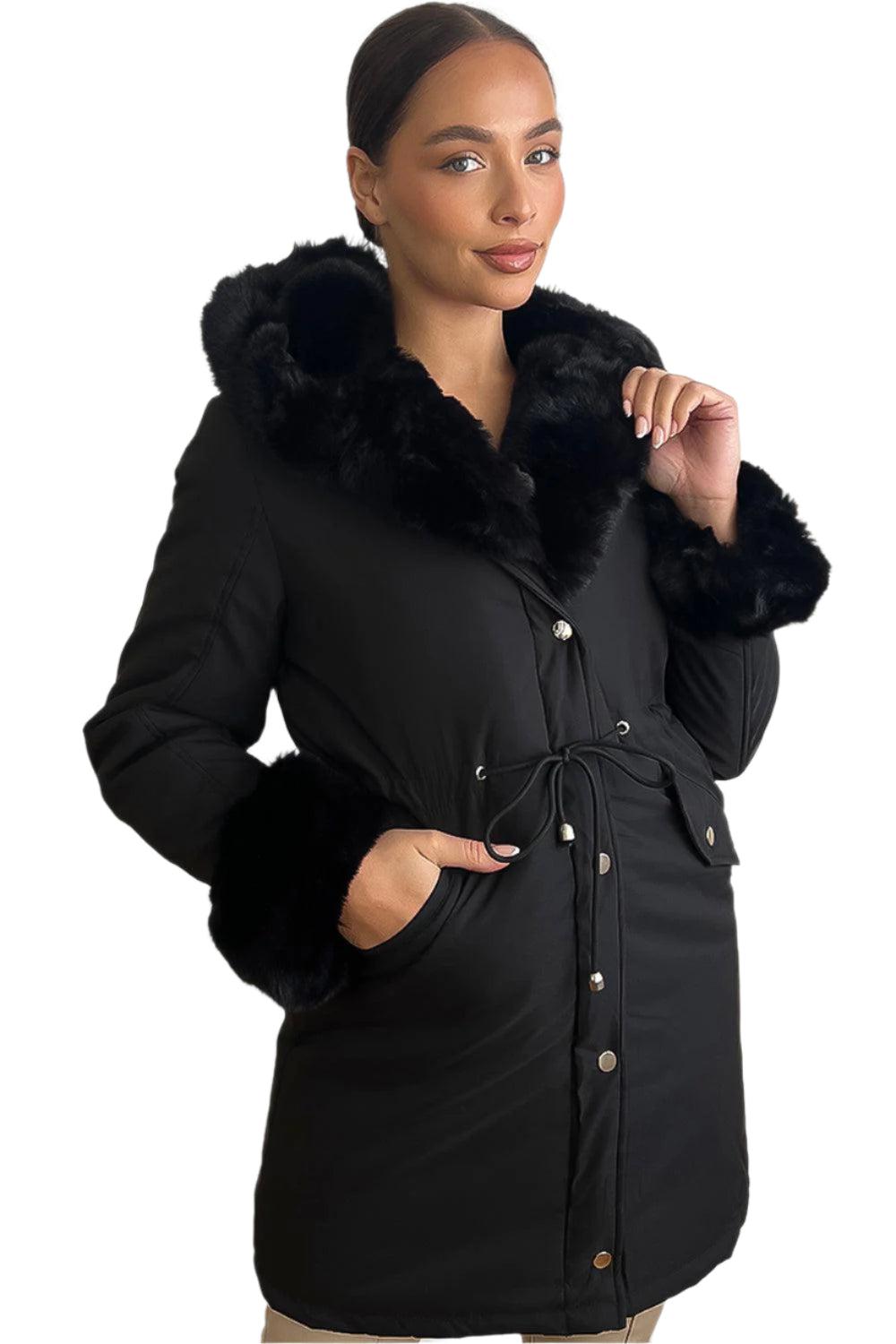 Faux Fur Lining Drawstring Waist Winter Jacket-SinglePrice