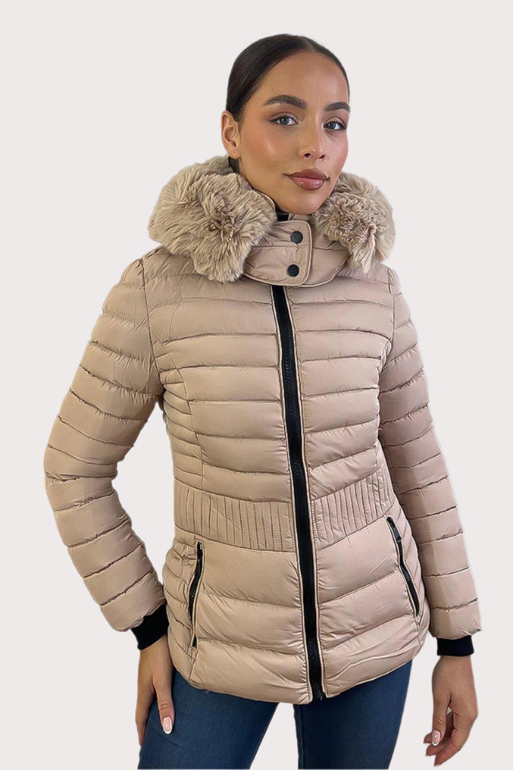 Vertical Zip Pockets Faux Fur Hooded Quilted Jacket-SinglePrice
