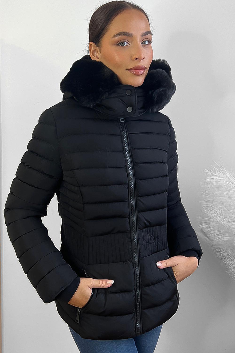 Vertical Zip Pockets Faux Fur Hooded Quilted Jacket-SinglePrice