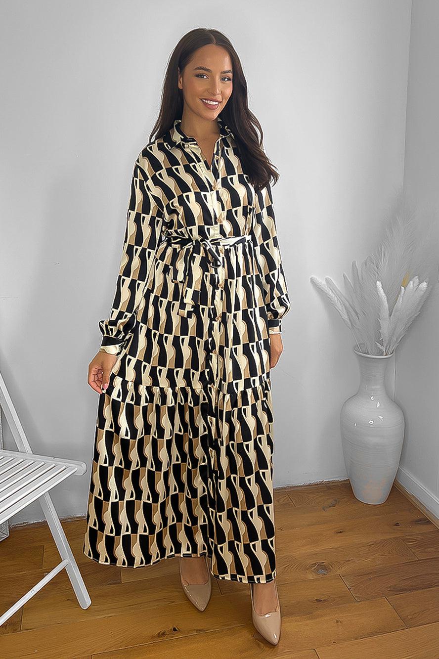 Geo Print Frilled Hem Maxi Shirt Dress-SinglePrice