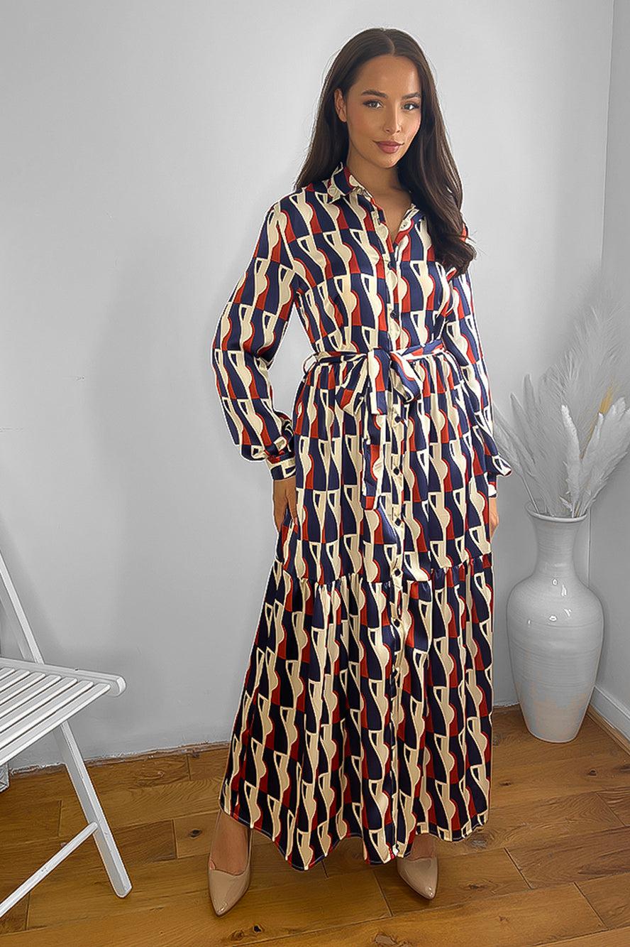 Geo Print Frilled Hem Maxi Shirt Dress-SinglePrice