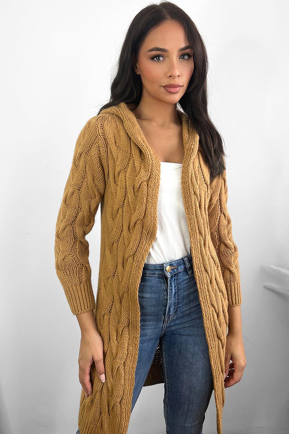 Thin Braided Knit Hooded Midi Cardigan-SinglePrice