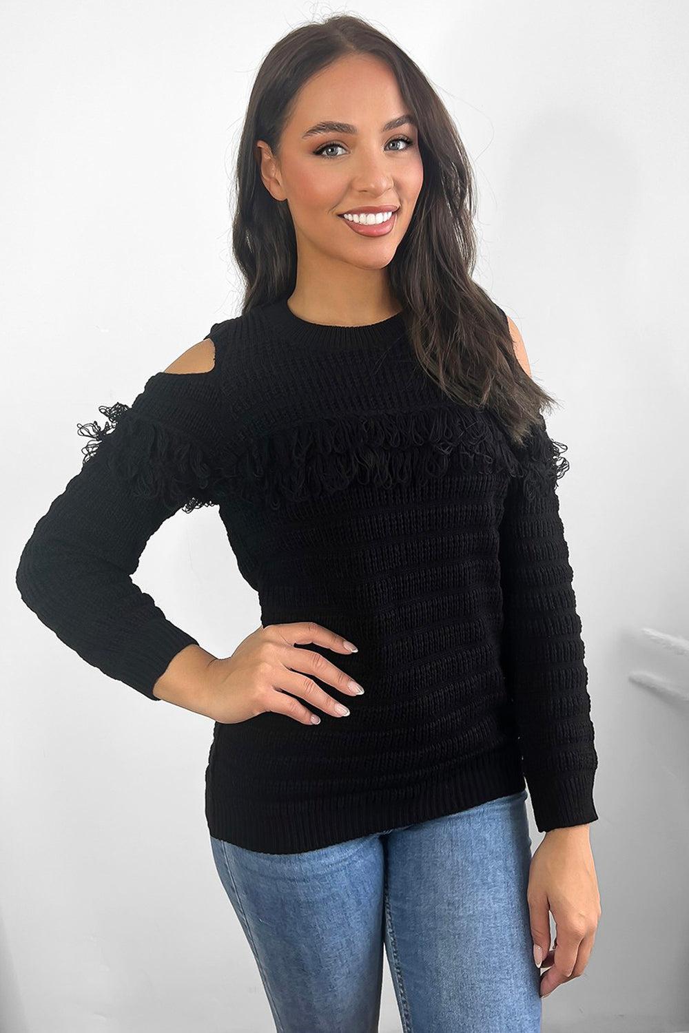 Black Fringed Detail Cold Shoulder Pullover-SinglePrice