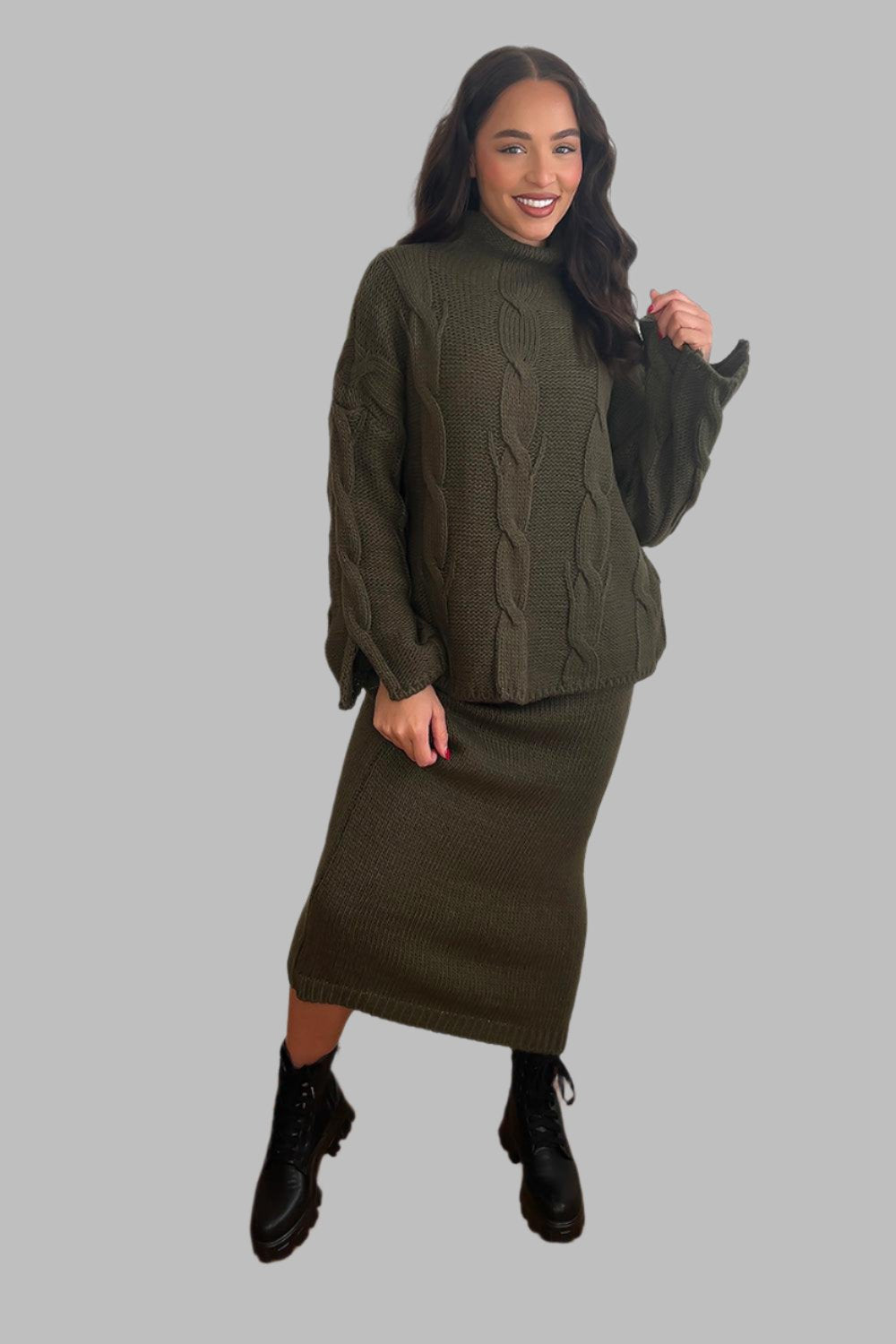 High Neck Braid Knit Pullover And Midi Skirt Set